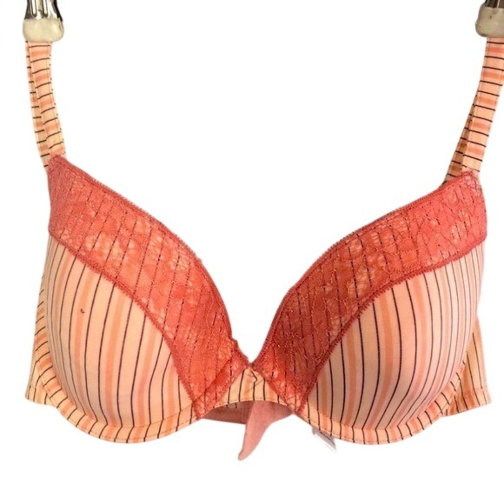 Sixty Eight Push Up‎ Bra 34D Coral Orange Striped Lace Trim Underwire Girly